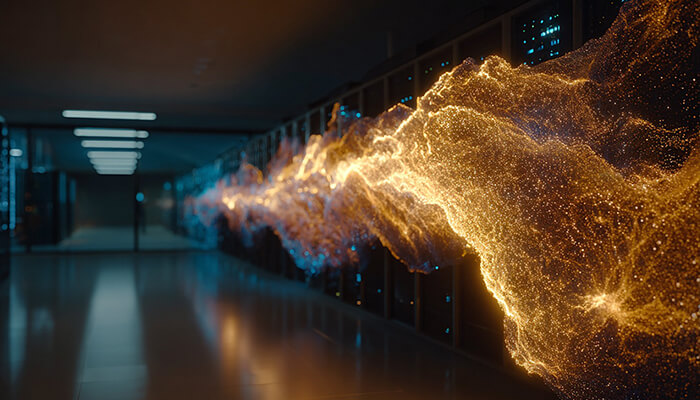 An AI generated photo depicting a quiet, high-tech hallway filled with humming servers on both sides with a wave of golden light—like a glowing, living ribbon made of sparks and energy—bursts from the machines, twisting and flowing through the air. Pure intelligence is being born, lighting up the dark with motion and meaning.