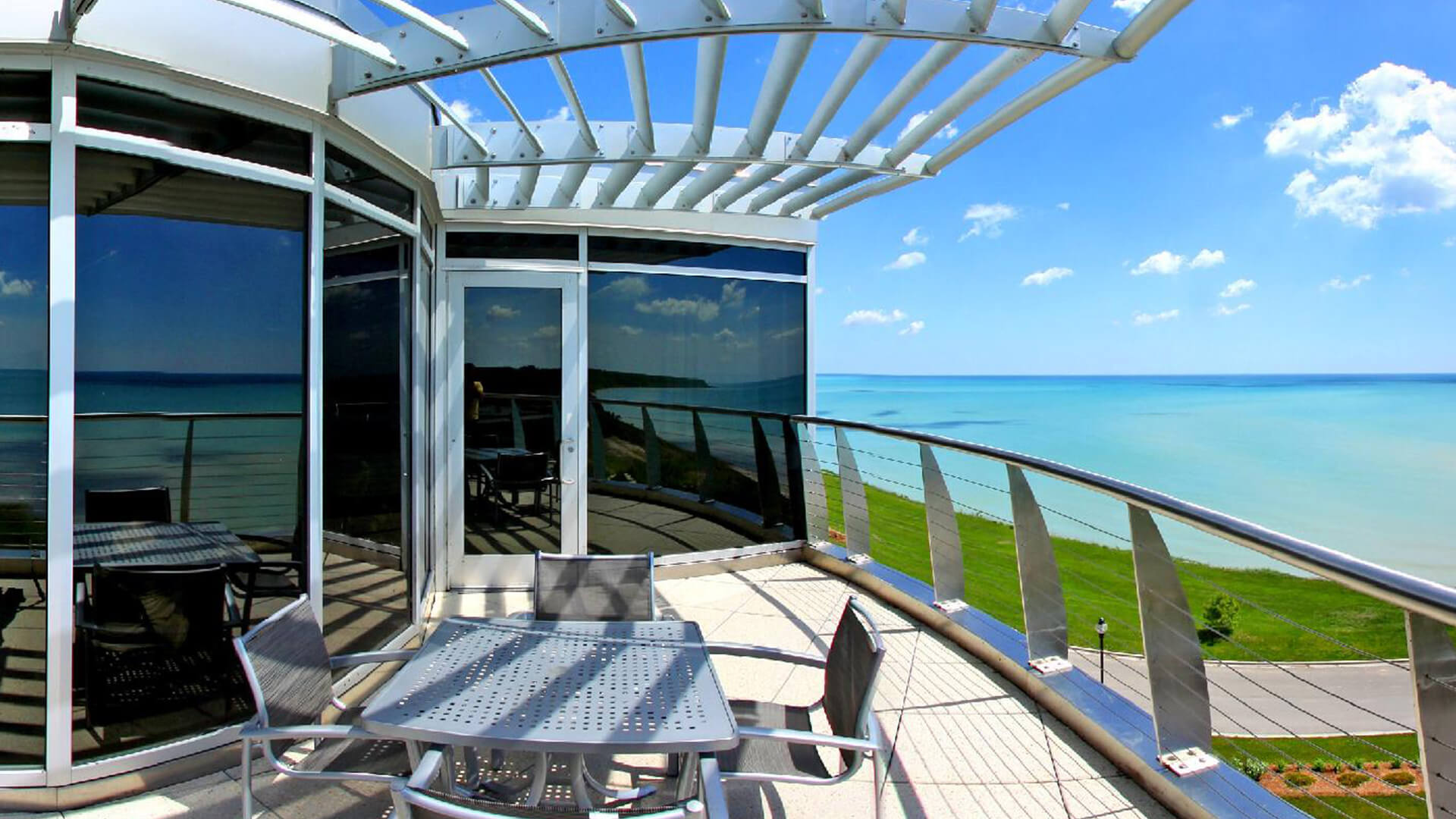The Coburg balcony overlooking Lake Michigan.